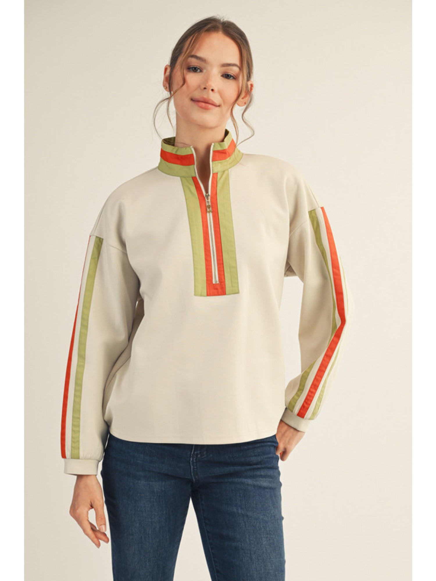 Giselle Trim Zipper Pullover - Oatmeal, Light Olive, Rust – Hello
