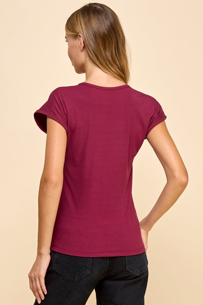 Lucia Basic Ribbed Women's Tee - Burgundy