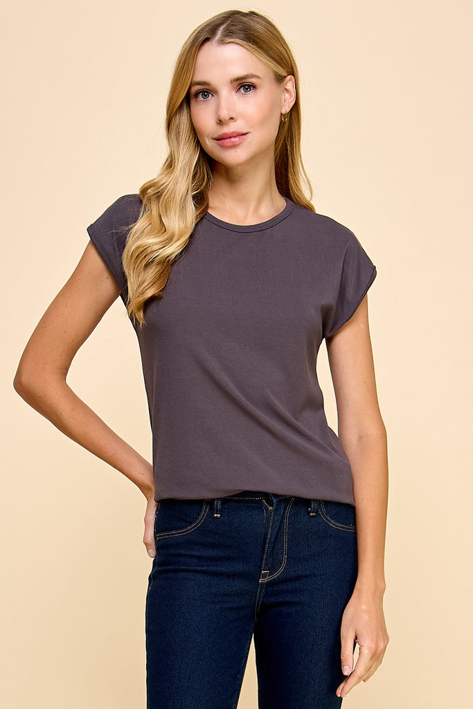 Lucia Basic Ribbed Women's Tee - Charcoal