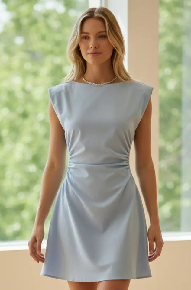 elsie mini dress MORE TO COME Elsie Halter Mini Dress in Dusty Blue