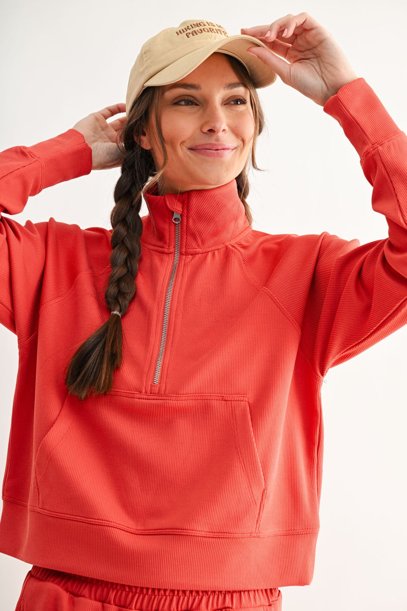 Carter Ribbed Quarter Zip Pullover - Rich Coral – Hello Color