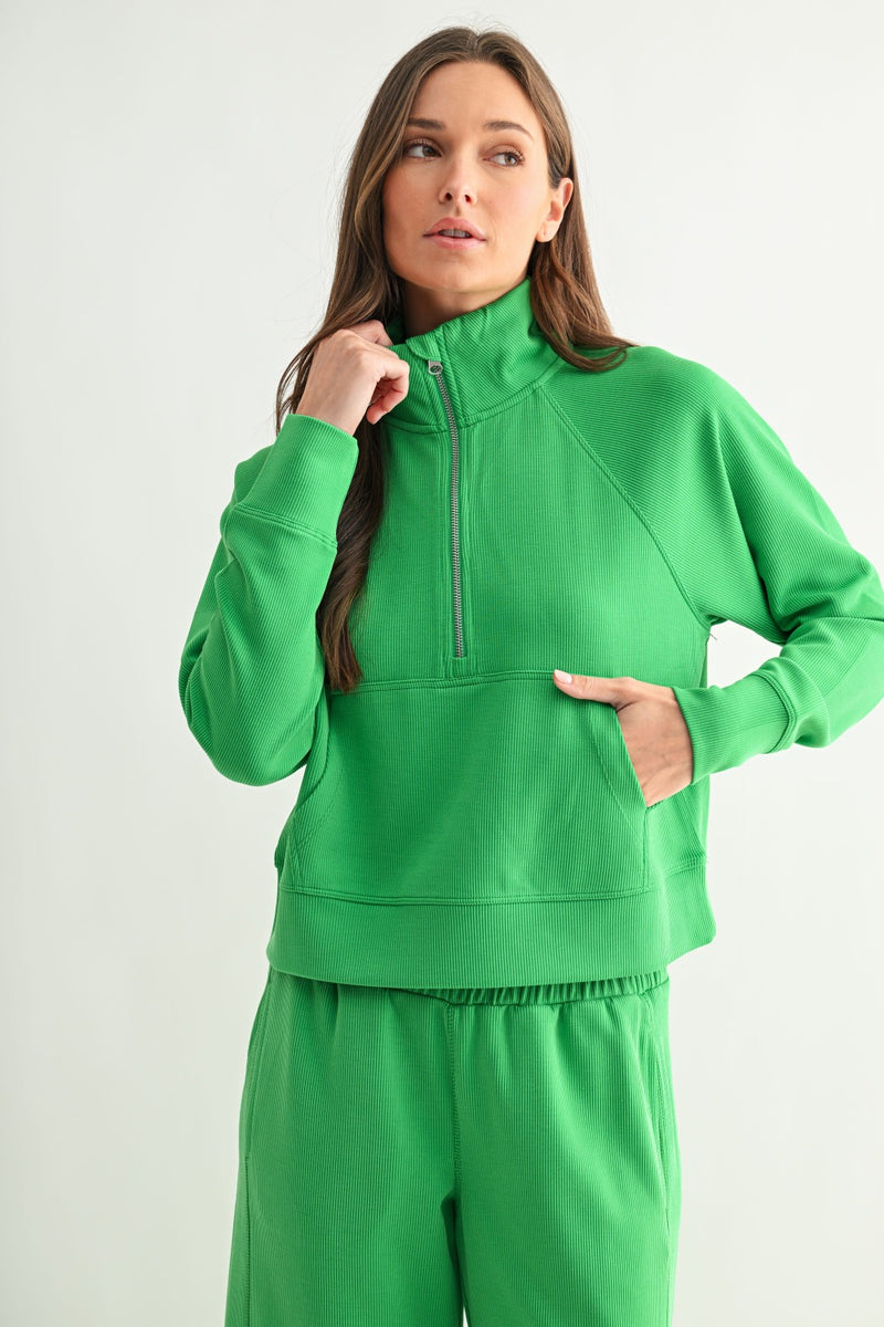 Carter Ribbed Quarter Zip Pullover - Warm Bright Green – Hello Color
